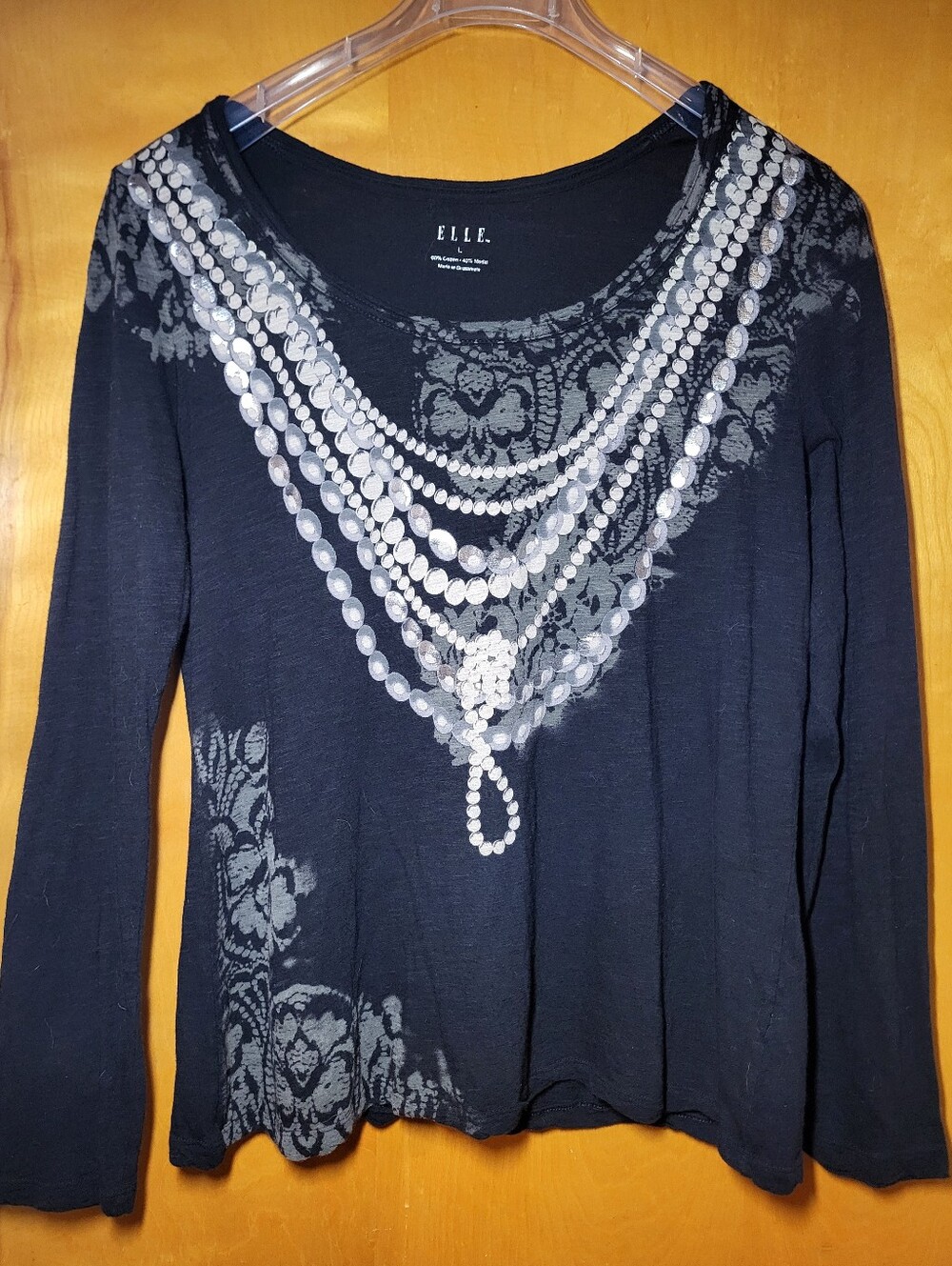 ELLE Vintage 90s Black, Long-Sleeve Tee with Faux Necklaces + Floral Lace Prints